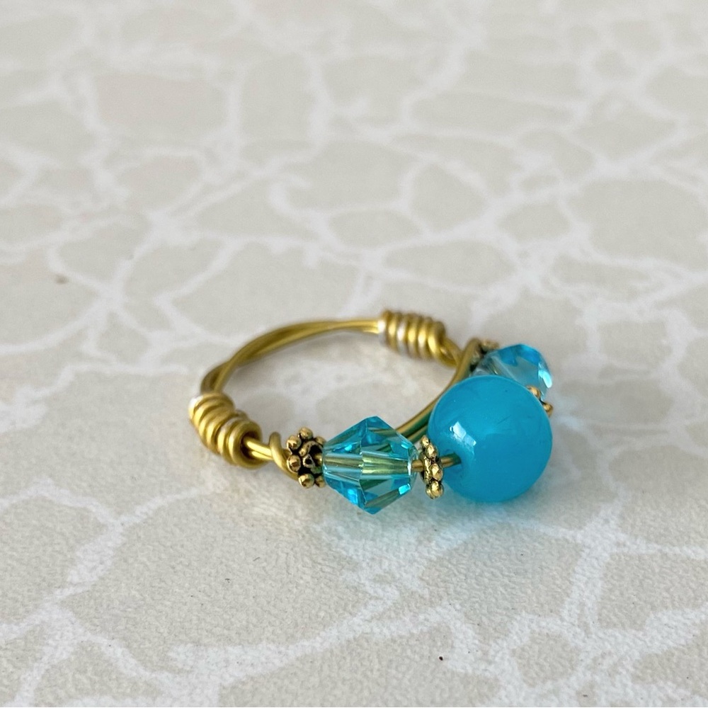 Handmade Gold-Tone Ring with  Blue Glass and Blue Crystal Beads - size 6
